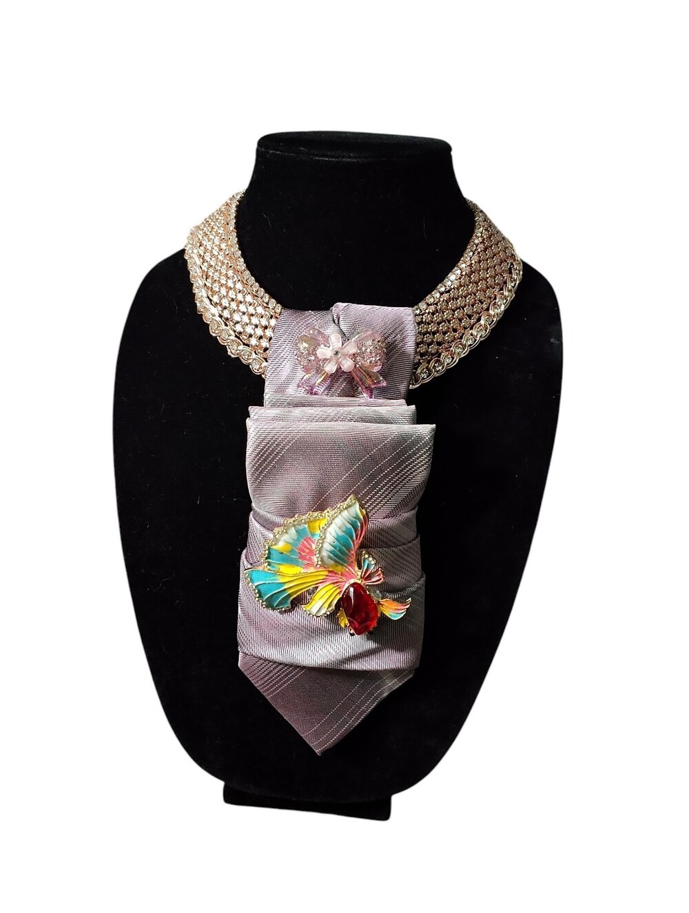 Lavender Statement Necktie Necklace with Multicolor Brooch - Picture 3 of 3